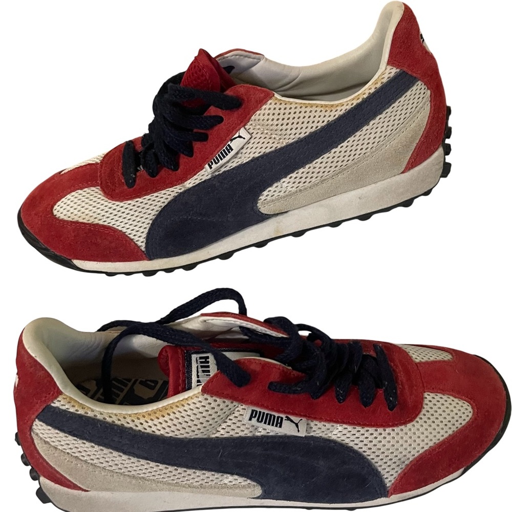 MEN’s Puma Red Navy White Suede Mesh Sneakers, Size 7.5